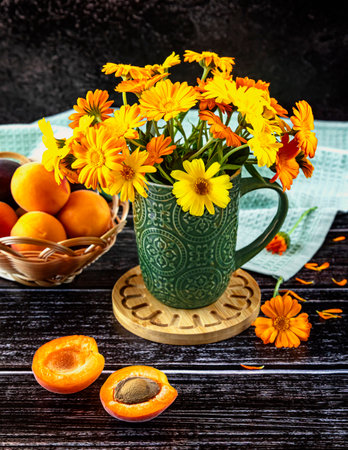 Fresh apricots and calendula flowers in vase on dark wooden background. Summer still lifeの写真素材