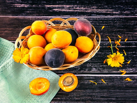 Fresh ripe apricots in a basket on a wooden background.の写真素材