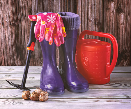 Garden tools and rubber boots on wooden background. gardening concept.の写真素材