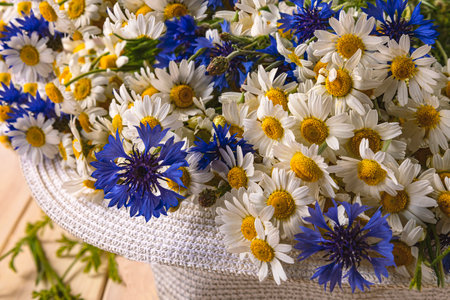 A bouquet of daisies and cornflowers in a sun hat. Summer background with wild flowersの写真素材