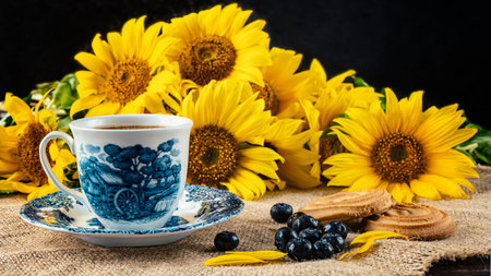 A bouquet of sunflowers on a dark background in a rustic style. A white and blue cup, blueberries and cookies on the table. summer still lifeの写真素材