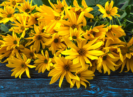 Bouquet of yellow rudbeckia flowers on a wooden backgroundの写真素材