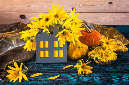 Autumn still life with yellow flowers and pumpkins on wooden backgroundの写真素材