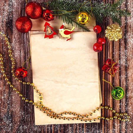 Christmas greeting card on wooden background. Merry Christmas and Happy New Year!の写真素材