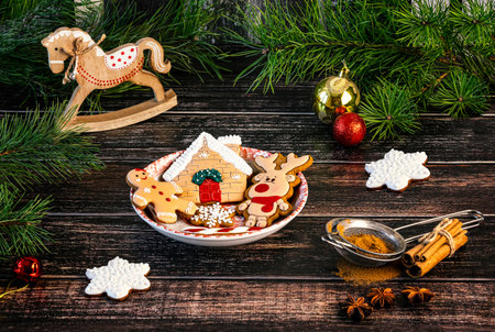 Christmas gingerbread cookies on a wooden background. New Year concept.