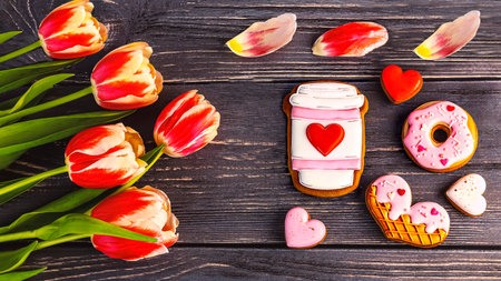 Tulips, cookies and cupcake on a wooden background.の写真素材