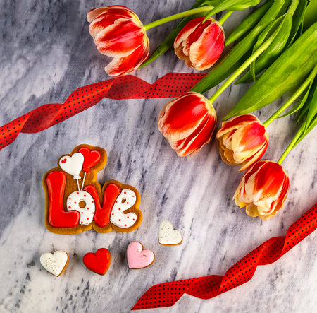 Bouquet of tulips and gingerbread hearts on a marble backgroundの写真素材