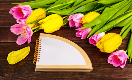 Bouquet of tulips with blank notepad on a wooden backgroundの写真素材