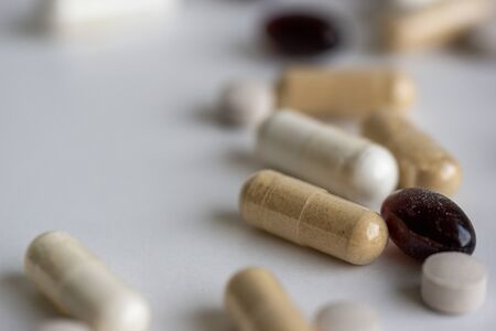 Drug prescription for treatment medication. Pharmaceutical medicament, cure in container for health....