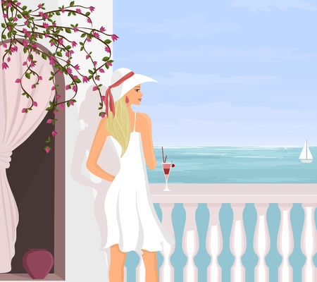 A young beautiful woman is enjoying the view from her balcony while on vacation. のイラスト素材