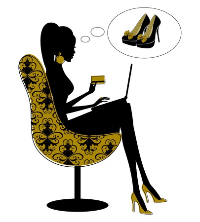 Silhouette of a beautiful woman shopping on the internet. Elements are grouped and layered for easy editing.のイラスト素材