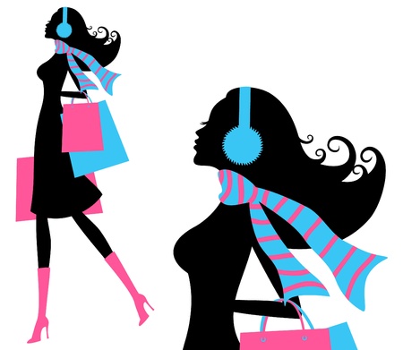 Vector illustration of a young fashionable woman holding shopping bags のイラスト素材