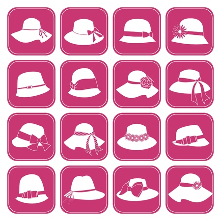 A set of 16 elegant female hats icons のイラスト素材