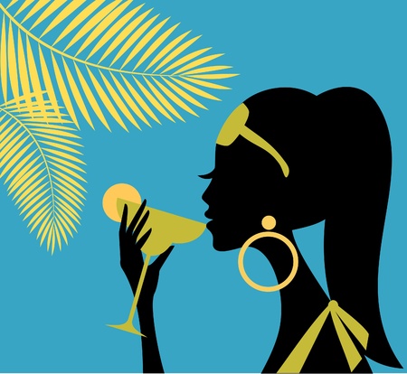 Illustration of a beautiful young woman drinking a refreshing cocktail on a hot summer day のイラスト素材