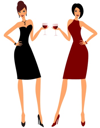 Illustration of two young attractive women holding glasses of red wine のイラスト素材