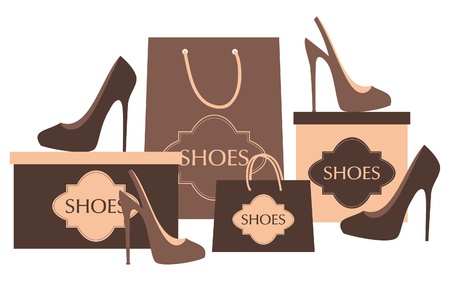 Illustration of elegant high heels, shopping bags and boxes isolated on white のイラスト素材