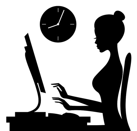 Illustration of a young woman working on computer isolated on white background.のイラスト素材