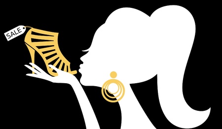 Illustration of a woman kissing a shoe with a sale tag のイラスト素材