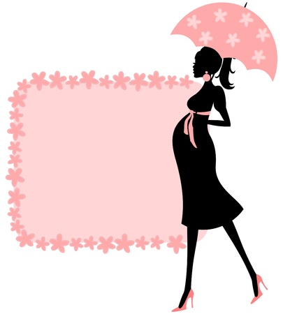 Illustration of a young pregnant woman and a cute floral frame in pink. Perfect for baby shower invitation,のイラスト素材