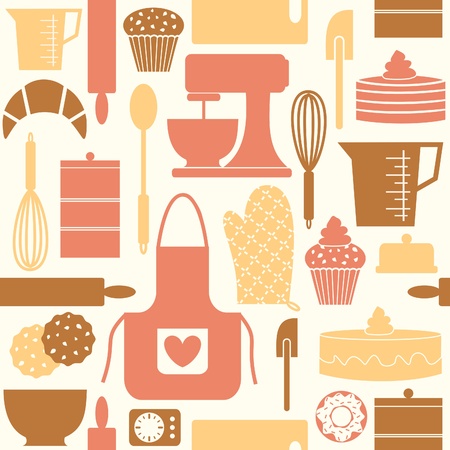 pattern, seamless, seamless pattern, kitchen, baking, bake, cook, cooking, bakery, wallpaper, retro, vintage, style, cute, old-fashioned, muffin, cupcake, cookie, croissant, whisk, bowl, spatula, rolling pin, measuring cup, oven mitt, apron, spoon, cuttinのイラスト素材