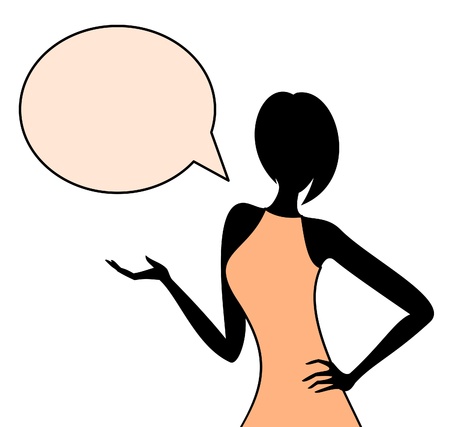 Illustration of a woman with a blank speech thought bubble isolated on white background のイラスト素材