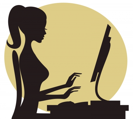 Illustration of a young woman working on computer.のイラスト素材
