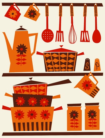 Illustration of shelves with kitchen utensils and dishware in retro style.のイラスト素材
