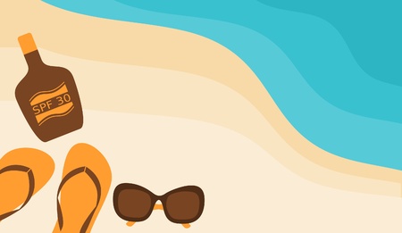 Illustration of sunglasses, flip-flops and a bottle of suntan lotion on the beach.のイラスト素材
