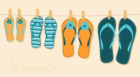 Illustration of four pairs of flip-flops. Family summer vacation concept.のイラスト素材