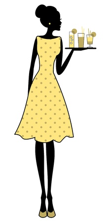 Illustration of a cute retro woman holding a tray with refreshing drinks.のイラスト素材