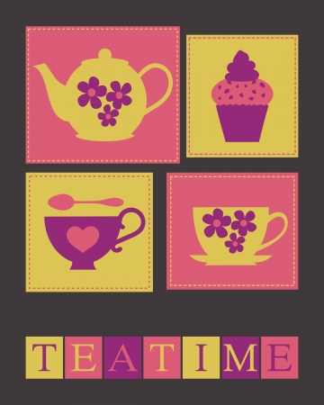 Illustration of cute teacups, teapot and a cupcake.のイラスト素材