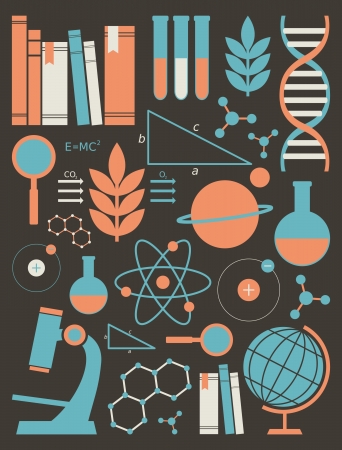 A set of science and education symbols in orange and blue.のイラスト素材