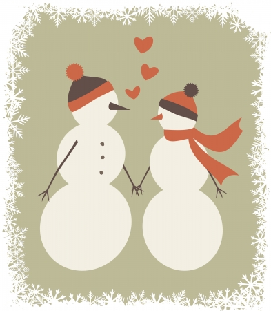  Illustration of two cute snowmen in love holding hands  のイラスト素材