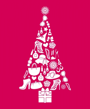 Illustration of a Christmas tree made from various female fashion items のイラスト素材