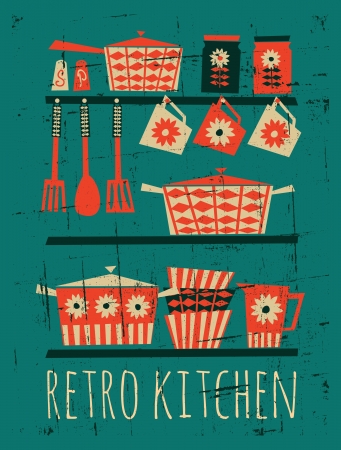 Poster with kitchen items in retro style のイラスト素材