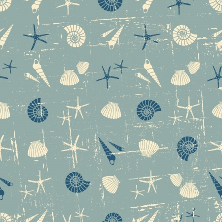 Vintage style seamless pattern with seashells in blue and white.のイラスト素材