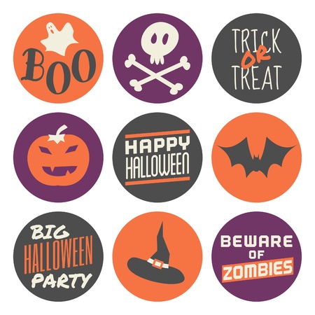 A set of nine Halloween stickers in orange, purple and gray, isolated on white background.のイラスト素材