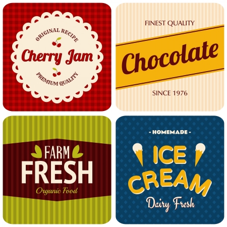 A set of four retro designs - packaging for cherry jam, chocolate, farm fresh products and ice cream.のイラスト素材