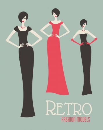 Three retro fashion models in elegant dresses.のイラスト素材