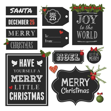 Chalkboard style vintage design elements for Christmas and New Year, isolated on white background.のイラスト素材