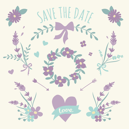 A set of floral design elements, wreaths, ribbons and hearts in pastel violet and green のイラスト素材