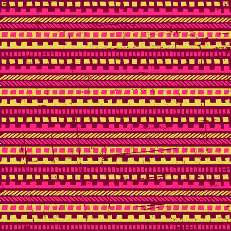 Seamless geometric pattern with ethnic motifs in vibrant pink and yellow colors.のイラスト素材