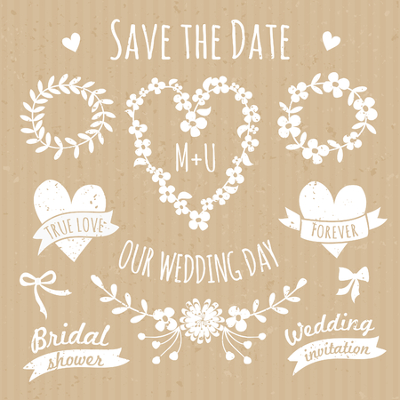 A set of floral design elements, wreaths, ribbons, arrows and hearts in white against cardboard paper background.のイラスト素材