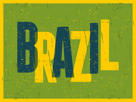 Retro design greeting card in bright green, blue and yellow, visit Brazil concept.のイラスト素材