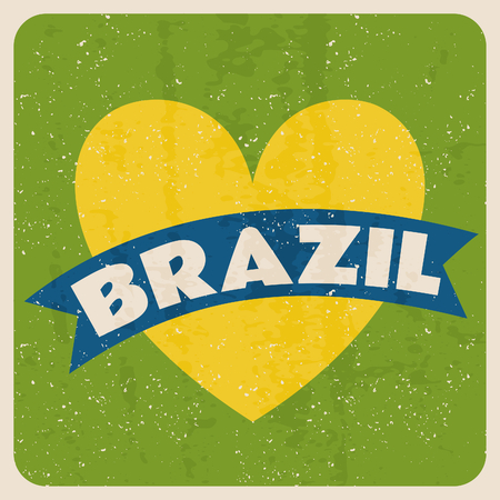 Retro design greeting card with a bright yellow heart and a blue banner, I Love Brazil concept.のイラスト素材