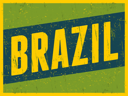 Retro design greeting card in bright green, blue and yellow, visit Brazil concept.のイラスト素材