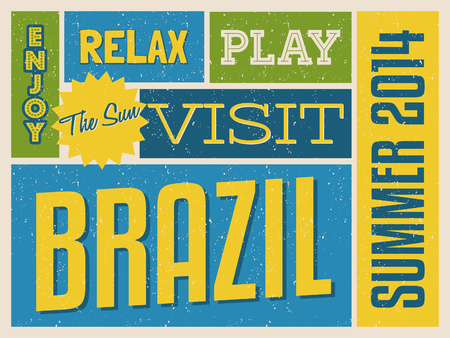 Retro design poster in bright yellow, blue and green, visit Brazil concept.のイラスト素材