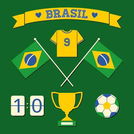 A set of flat design Brazil football icons and symbols in green, white and yellow.のイラスト素材