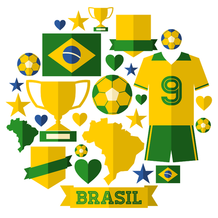 A set of flat design Brazil football icons and symbols in green and yellow, isolated on white.のイラスト素材