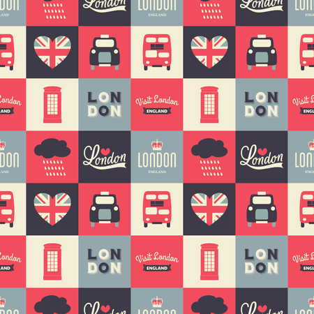 Seamless repeat pattern with London symbols in white, red and blue.のイラスト素材